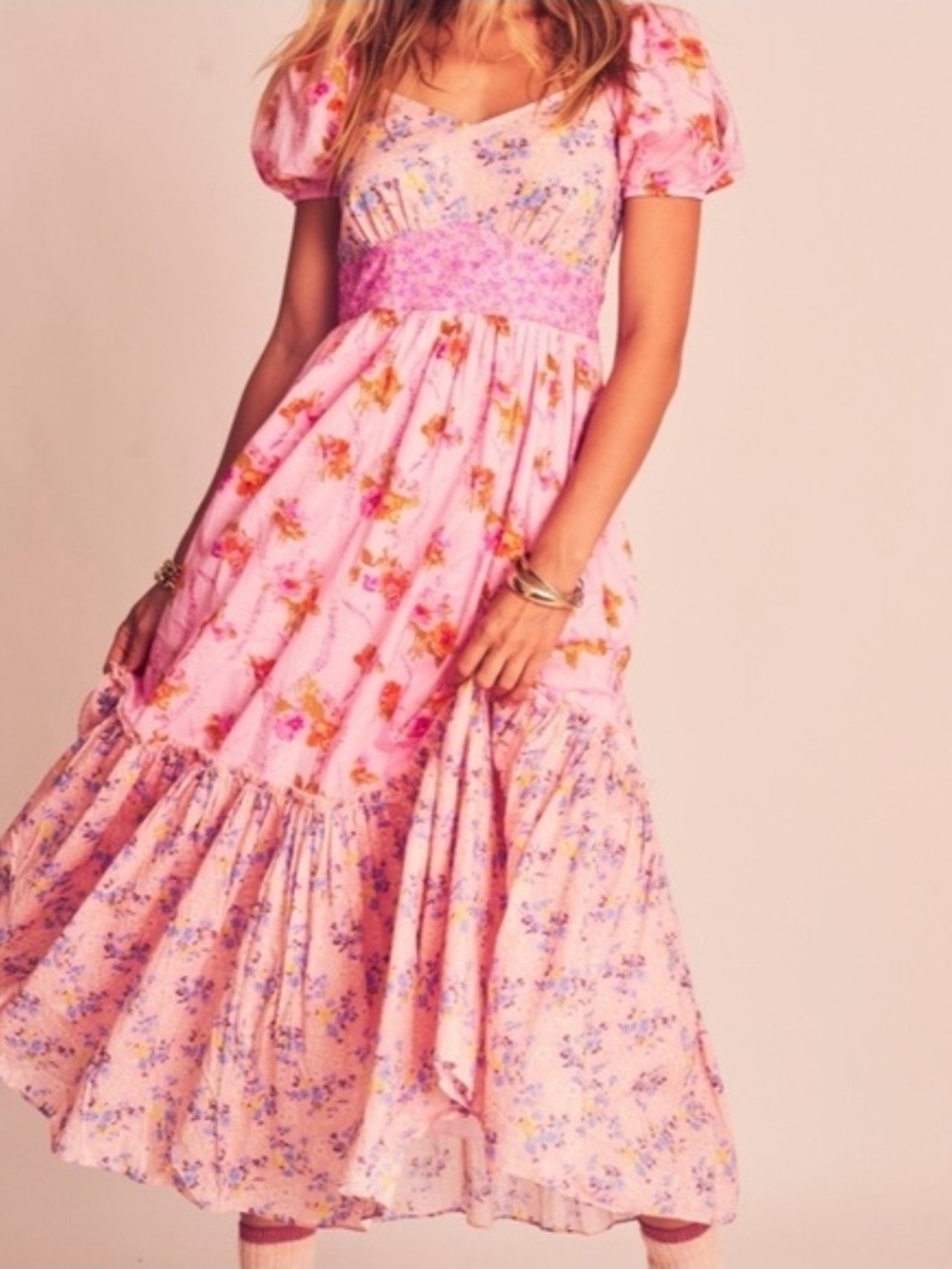 Pink Floral Puff-Sleeve Maxi Dress 4